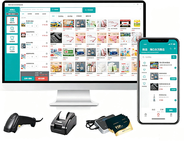 银发会员营销系统产品界面：收银前台、会员卡包与手机微店